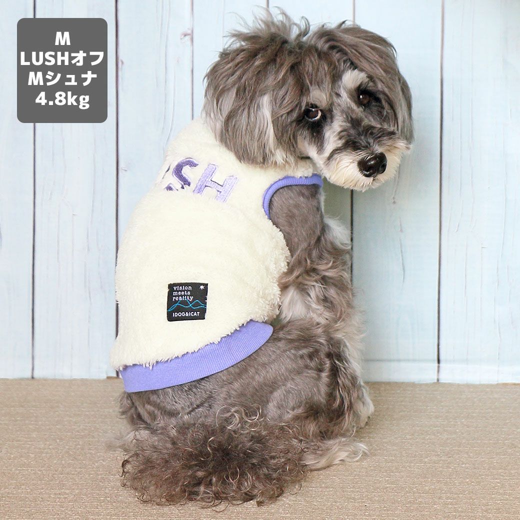 ミニチュアシュナウザー4.8kg(首22/胴39/丈29cm)のあろあちゃんはLUSHオフのMを着用