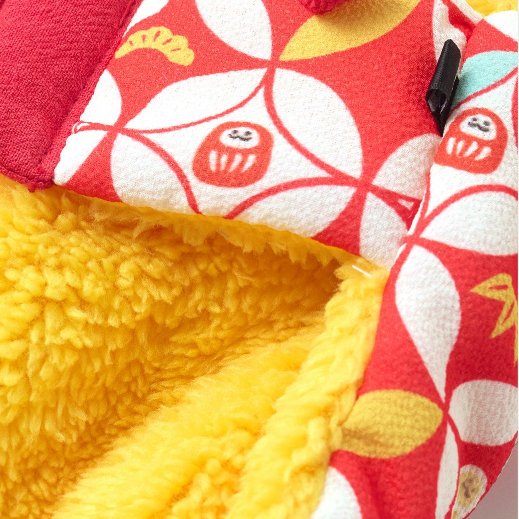 表はちりめん風の縮れ加工を施したオリジナルプリント素材です。裏はふわふわの両面フリース素材です。