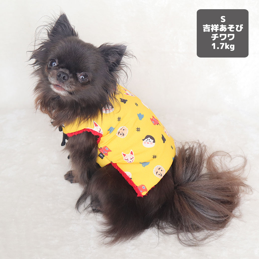 トイプードル4.5kg(首26/胴40.5/丈30cm)の里梨衣ちゃんは七宝だるまのLを着用