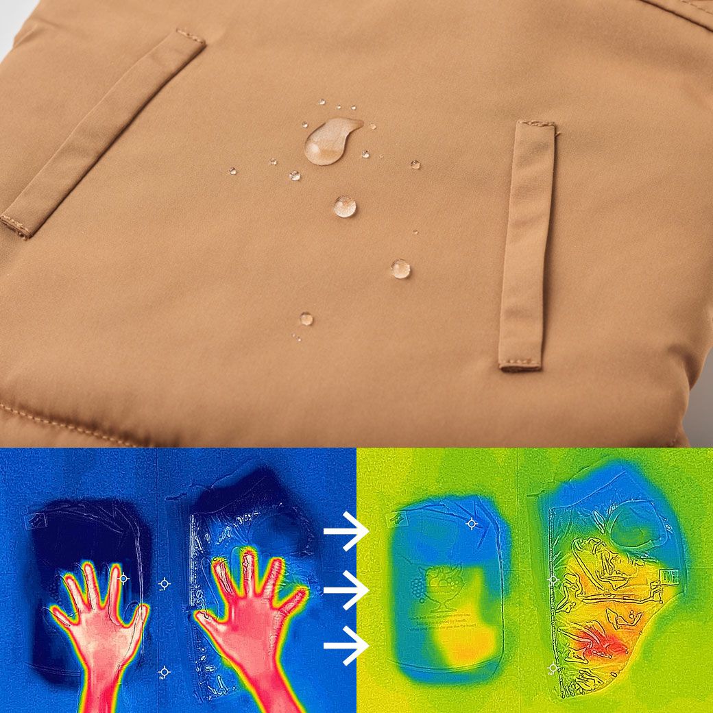 小雨や雪の日もお出かけしたい愛犬に嬉しい撥水機能のドッグウェア手を置いてみるとじわじわと温かくなるのが実感できます。