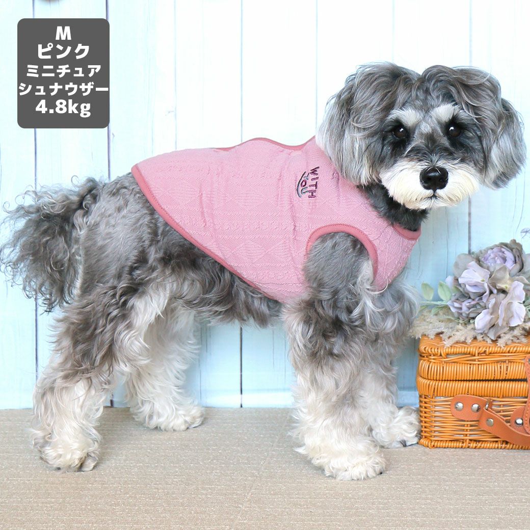 ミニチュアシュナウザー4.8kg(首22/胴39/丈29cm)のあろあちゃんはピンクのMを着用