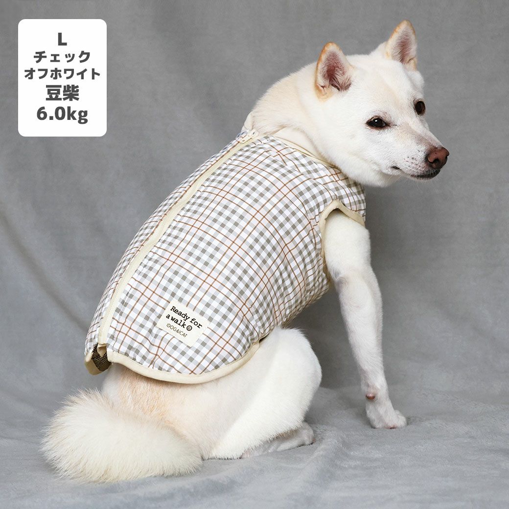 豆柴6.0kg(首31/胴45/丈33cm)のラテちゃんはチェックオフホワイトのLを着用