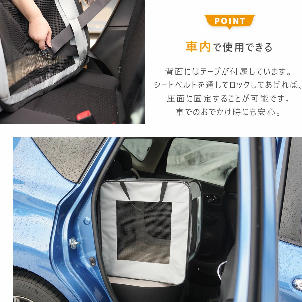 シートベルトで固定して車でのおでかけ