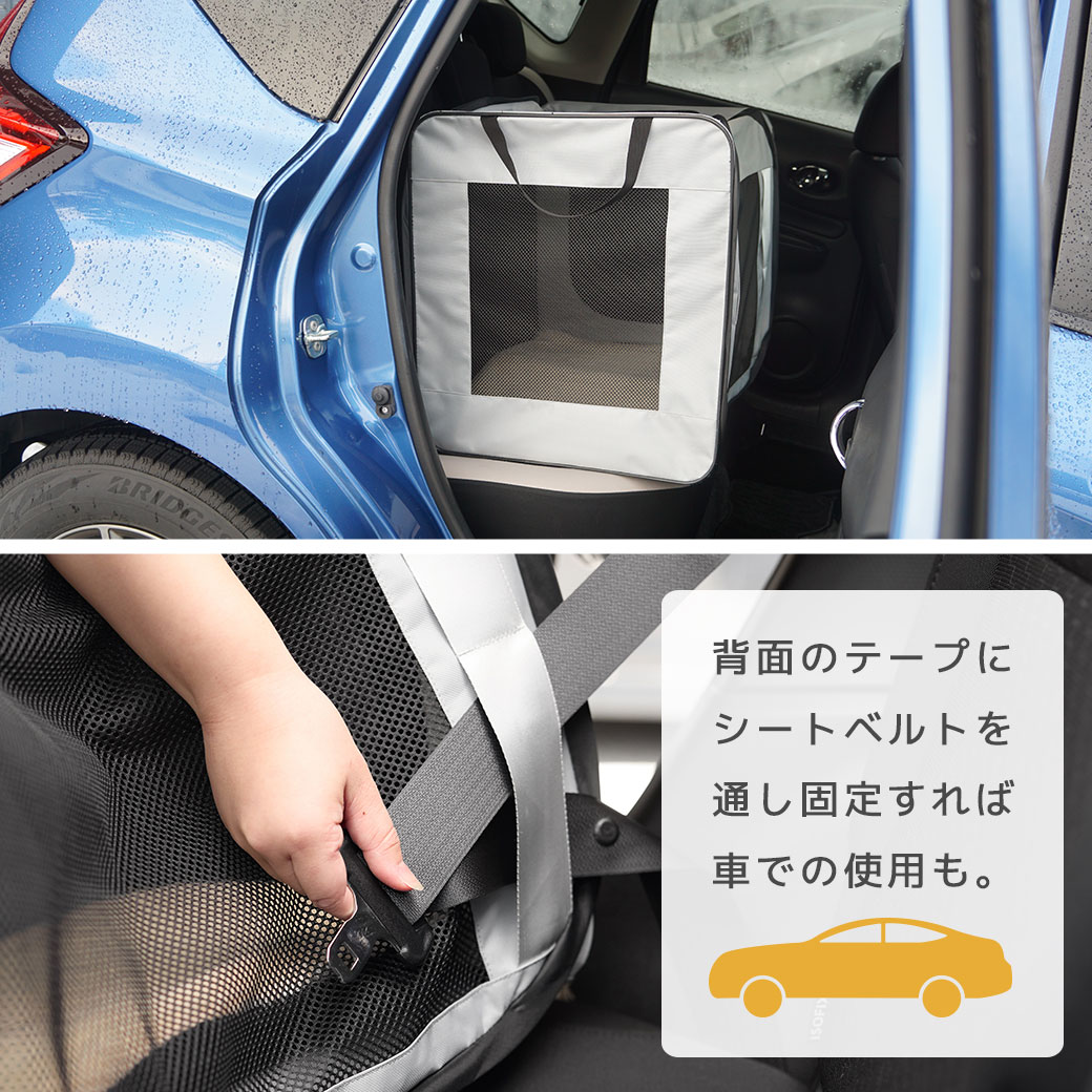 シートベルトで固定して車でのおでかけ