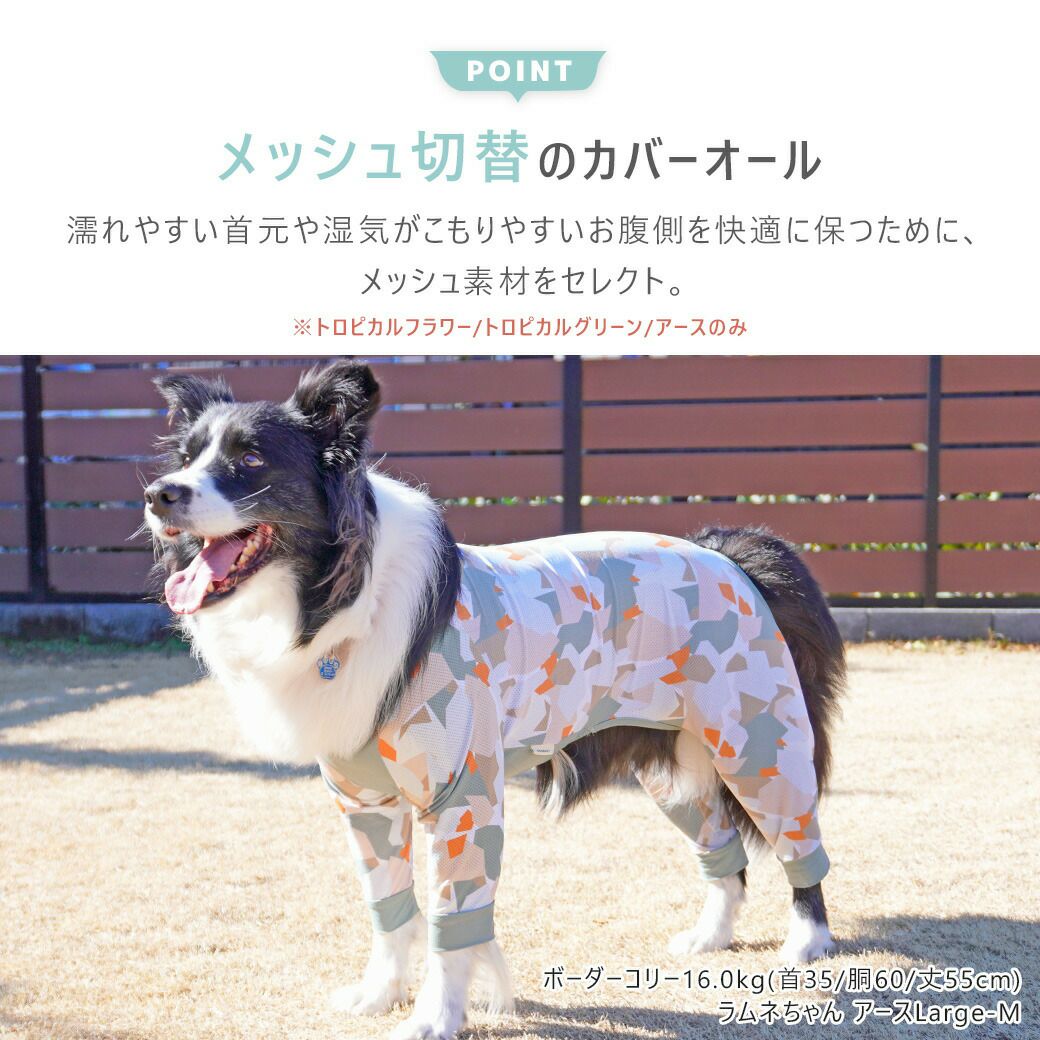 「こもりやすい」を解消するメッシュ切替の愛犬用カバーオール