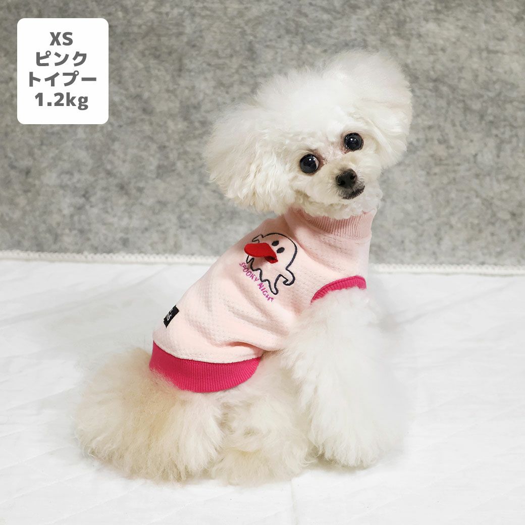 トイプー1.2kg(首15/胴26/丈19cm)のマユリちゃんはピンクのXSを着用