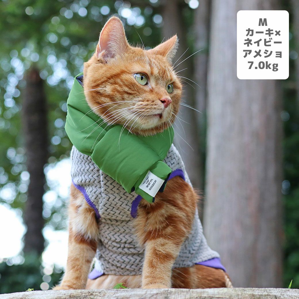 アメショ7.0kg(首28/胴48/丈28cm)のタラくんはカーキ×ネイビーのM着用