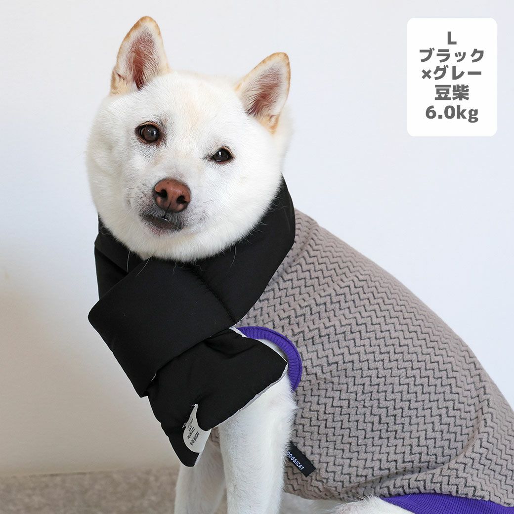 豆柴6.0kg(首31/胴45/丈33cm)のラテちゃんはブラック×グレーのLを着用