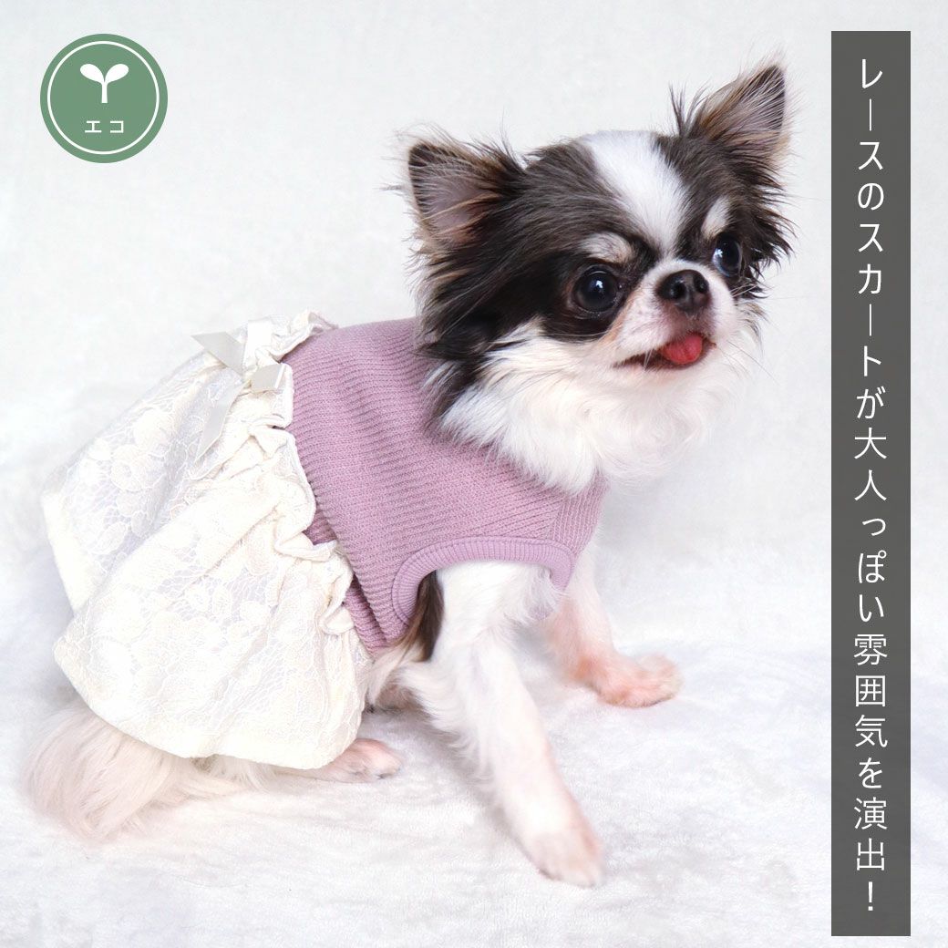 リブニットの身頃とレース素材のスカートを切り替えて大人可愛く仕上げました！