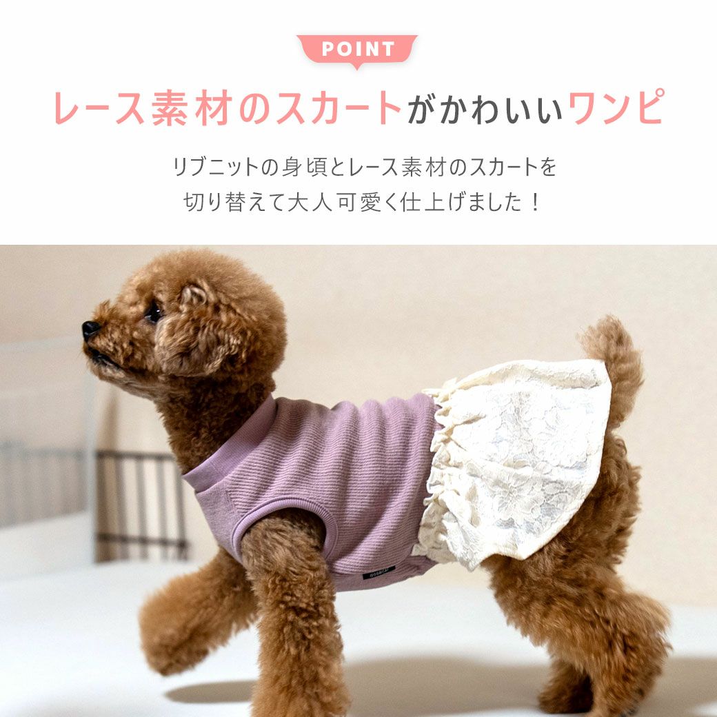 リブニットの身頃とレース素材のスカートを切り替えて大人可愛く仕上げました！